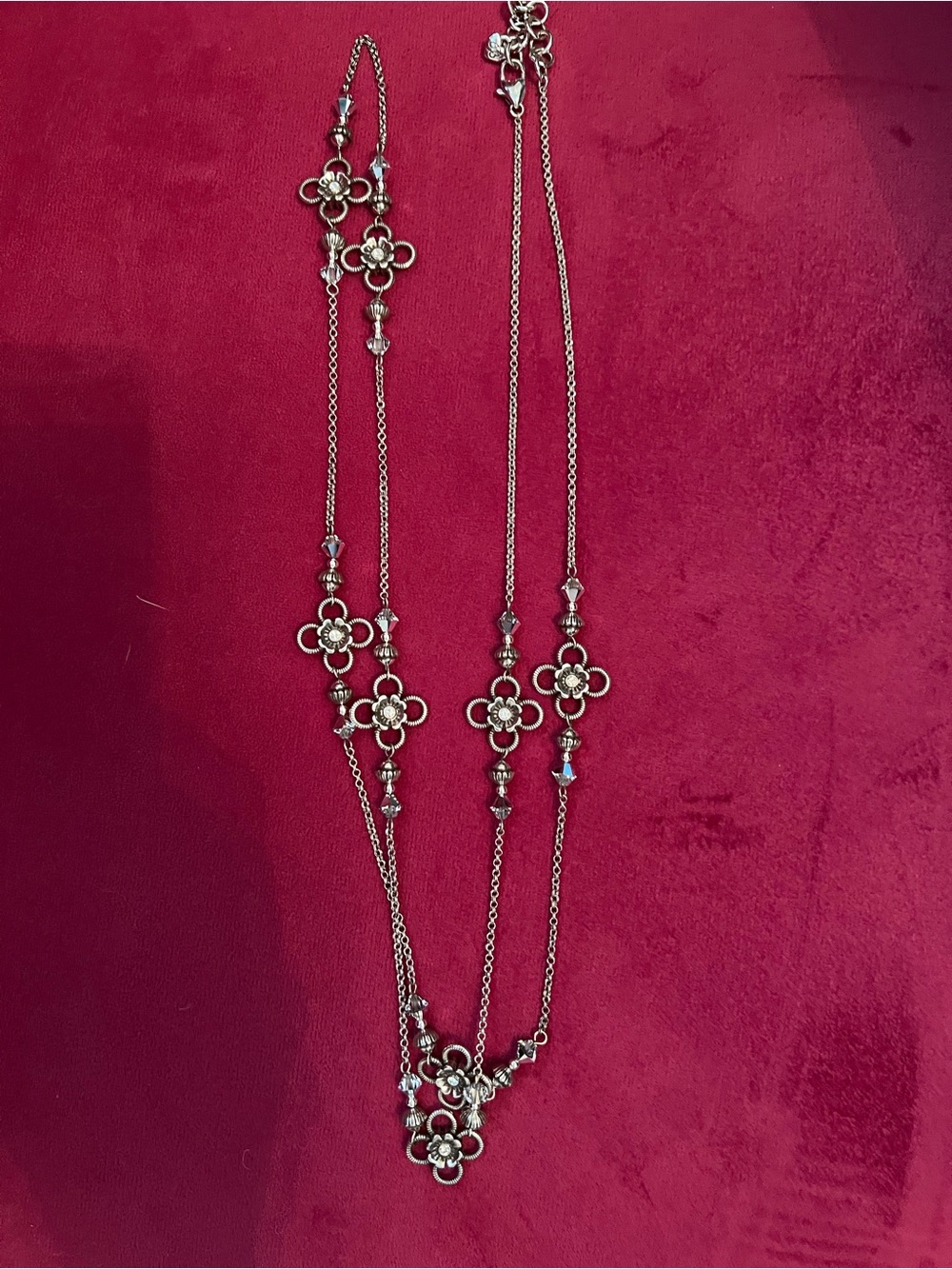Brighton Silver Floral Long Necklace with Crystal Accents 45” with 2” extender